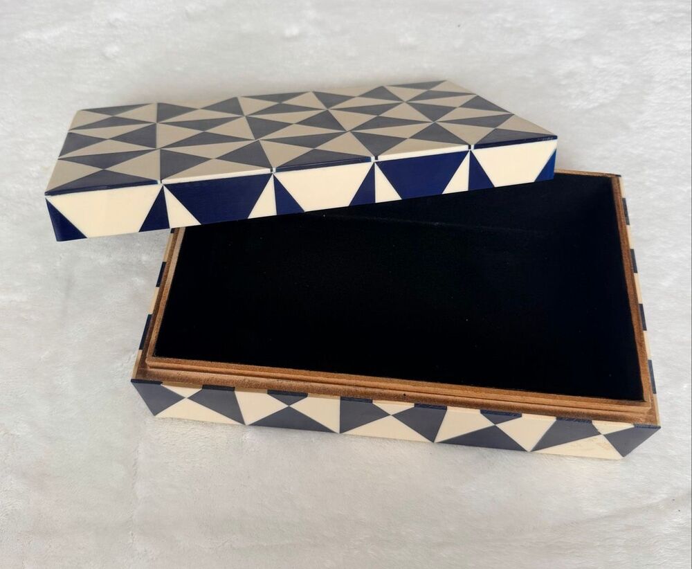Navy Blue & Cream Geometric Keepsake Jewelry Box Black Lined